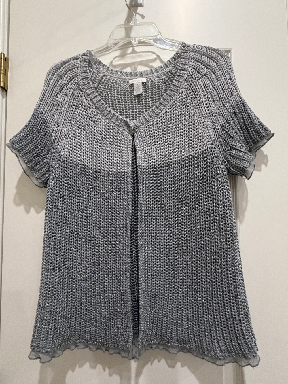 Chico's Size 1 Ladies Metallic Silver Gray Ribbon Sweater Jacket Short Sleeve